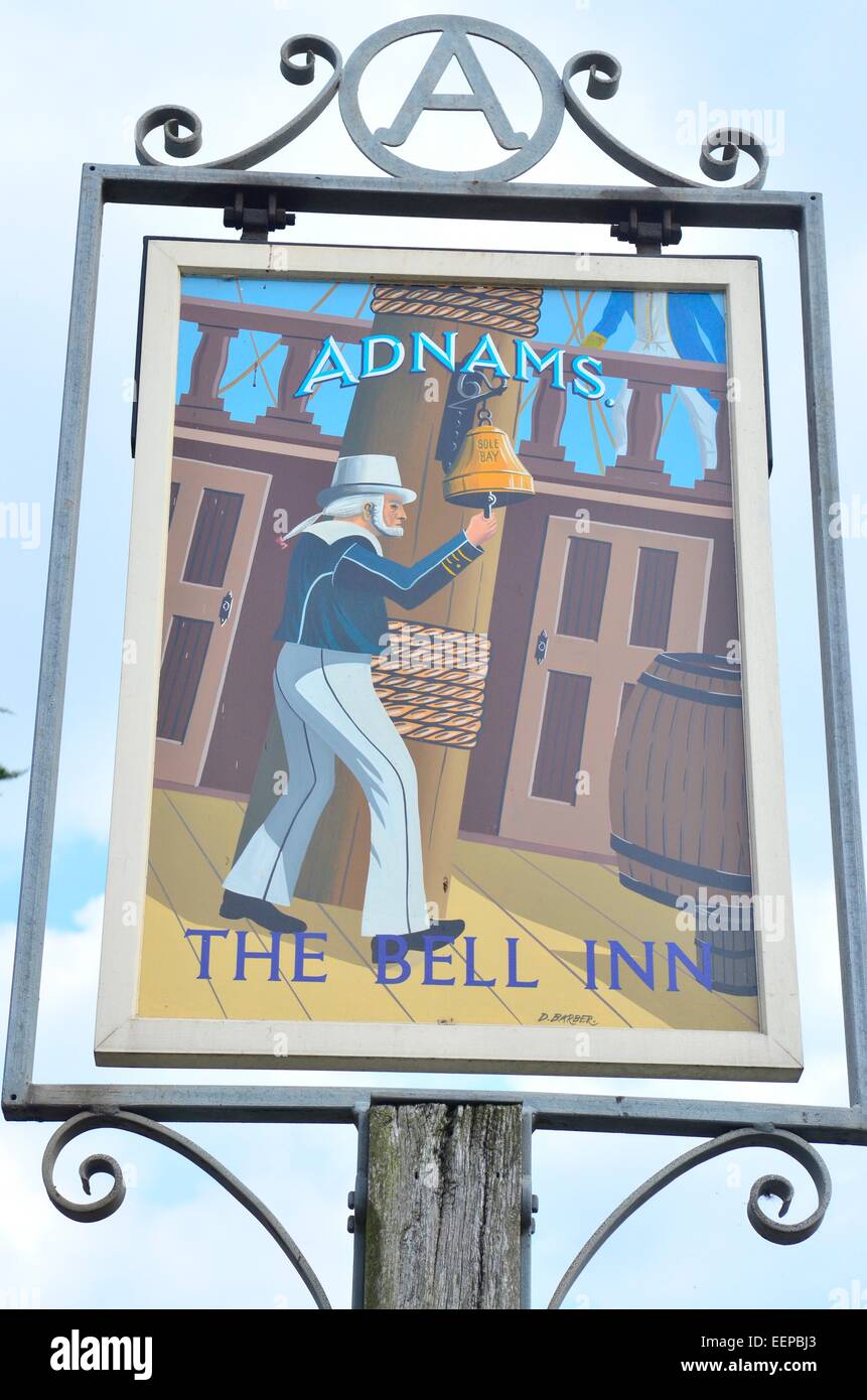 Sign of The Bell Inn pub, owned by Adnams Brewery, Walberswick, Suffolk, England, UK Stock Photo