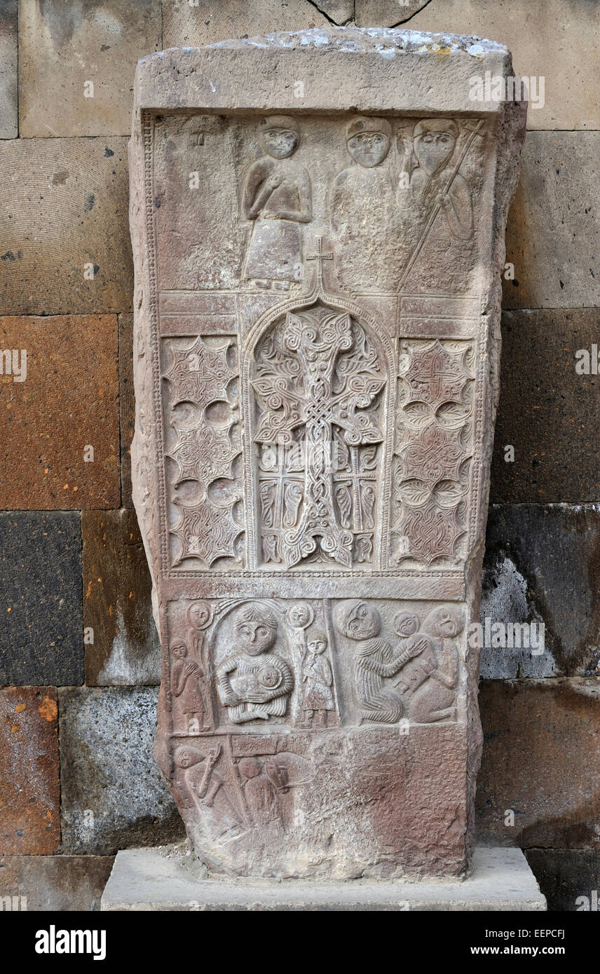 Historic khachkar stone by Etchmiadzin Cathedral,  Vagharshapat, Armenia Stock Photo
