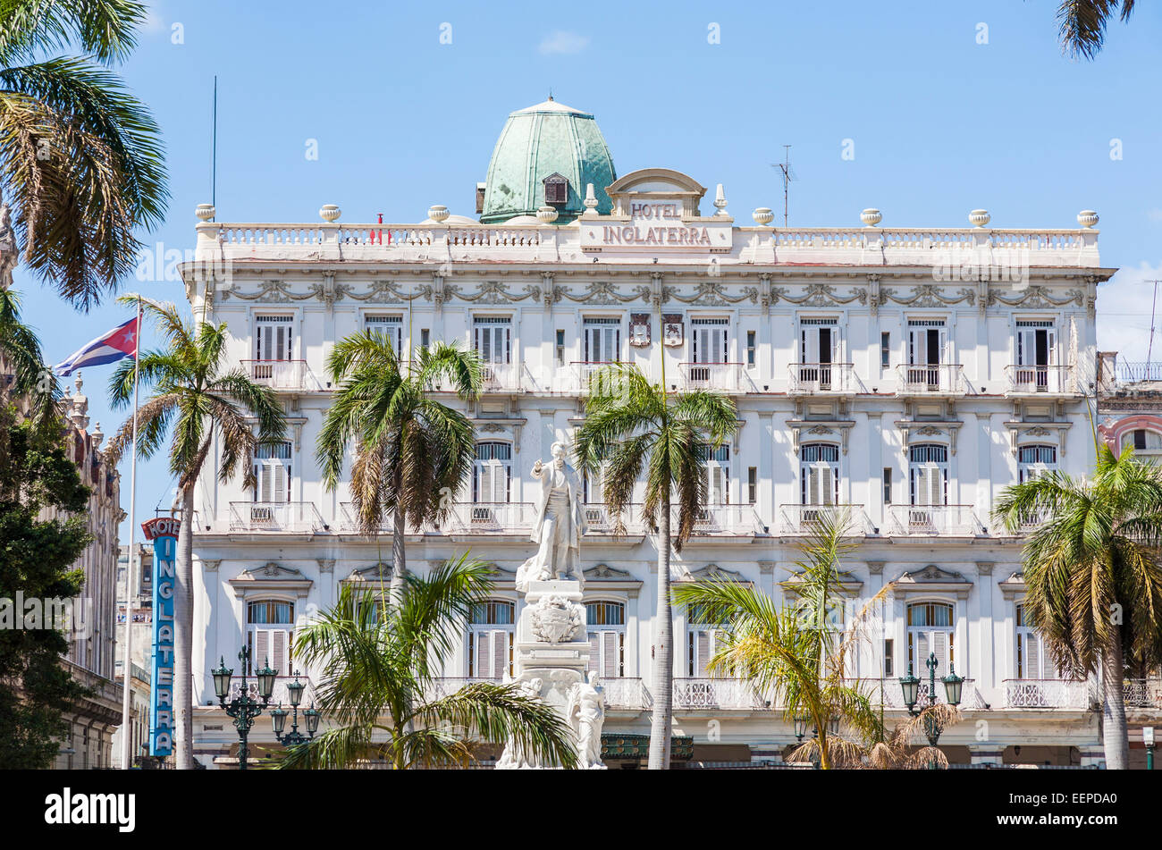 View of the classical frontage of Hotel Inglaterra, the oldest hotel in Cuba, with statue of Jose  Marti, at Parque Central, Paseo del Prado, Havana Stock Photo