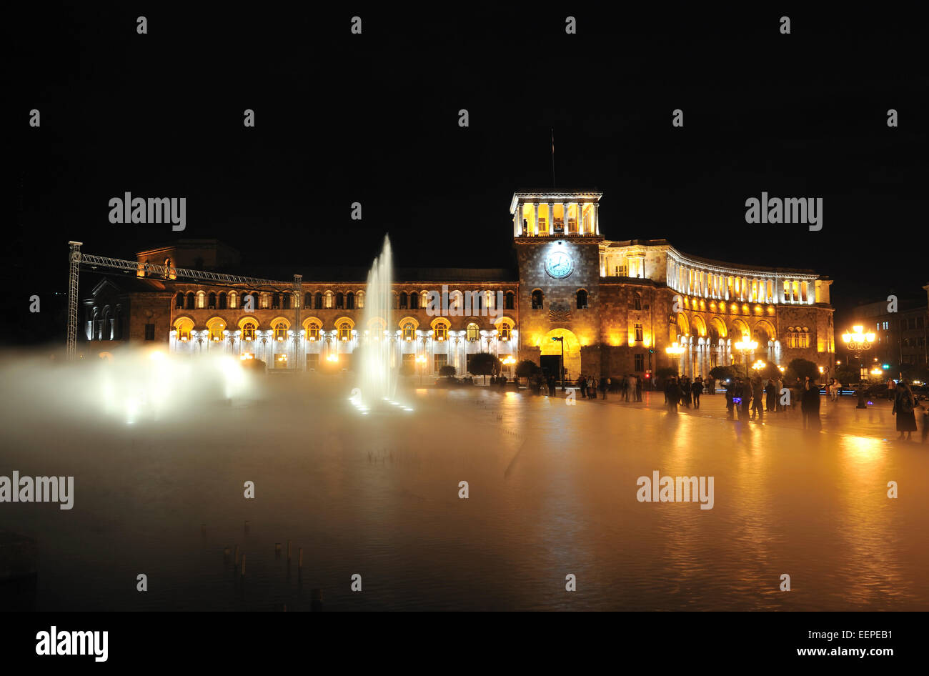 Fountains in Republic Square (Hanrapetutyan Hraparak) during light and sound show, Yerevan, Armenia Stock Photo