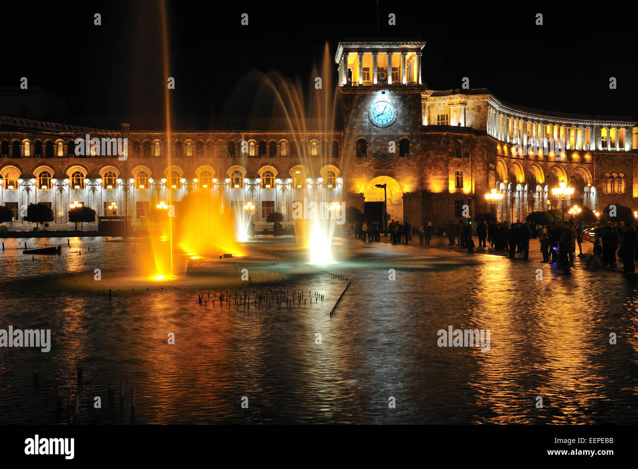 Fountains in Republic Square (Hanrapetutyan Hraparak) during light and sound show, Yerevan, Armenia Stock Photo