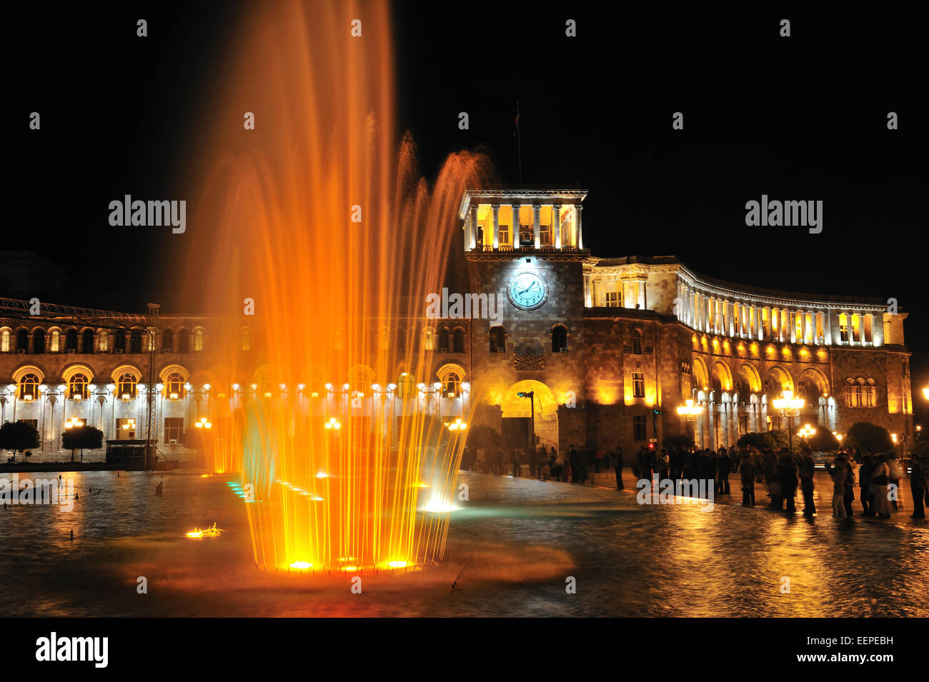 Fountains in Republic Square (Hanrapetutyan Hraparak) during light and sound show, Yerevan, Armenia Stock Photo
