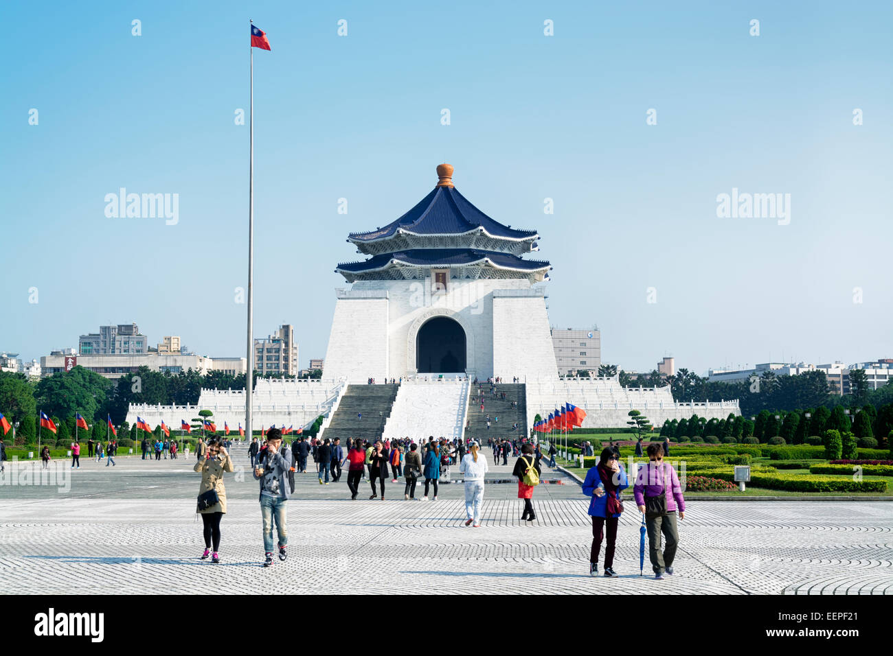 Taipei, Taiwan - Dec 29, 2014:Tourists at the Chiang Kai-Shek Memorial Hall in Taipei. Chiang Kai-shek Memorial Hall is a popula Stock Photo
