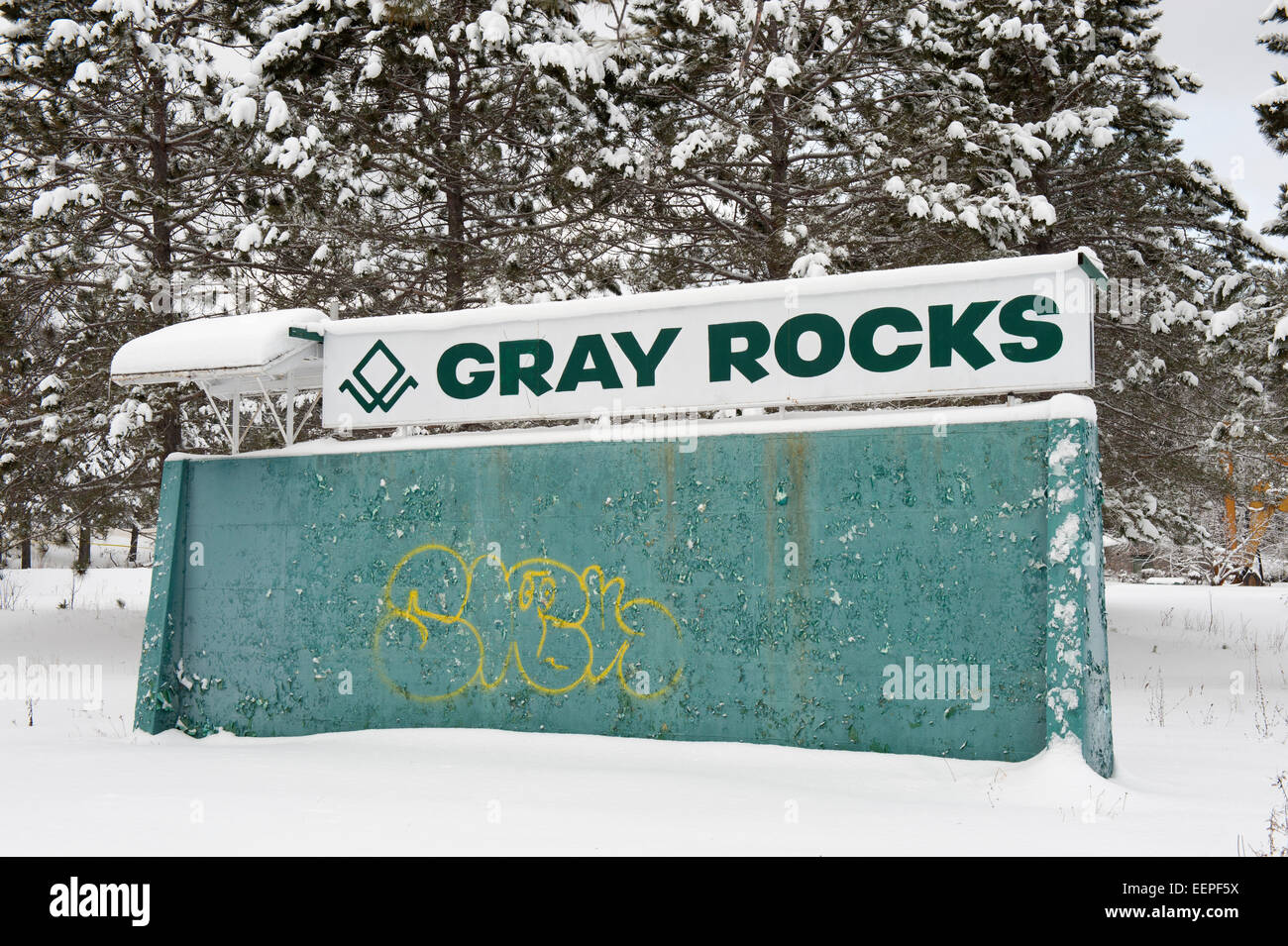 Sign for the abandoned Gray Rocks hotel in Saint-Jovite, province of Quebec, Canada. Stock Photo