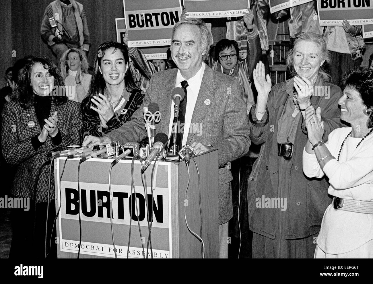 John Burton campaigns for California State Assembly 1/1988, Nancy Pelosi on far left and Barbara Boxer on far right Stock Photo
