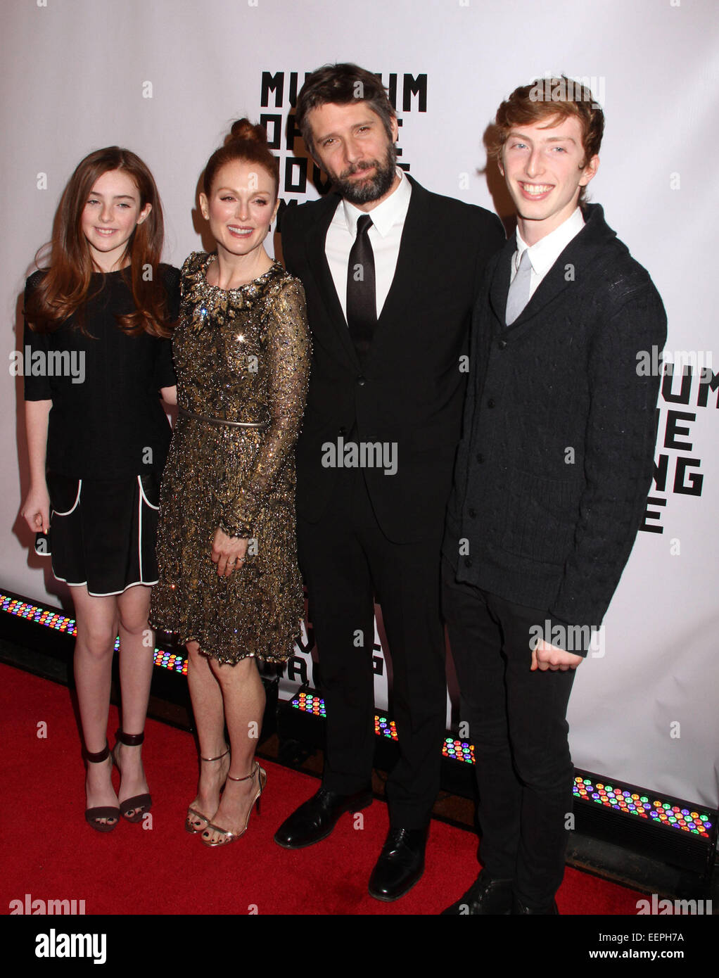 New York, New York, USA. 20th Jan, 2015. LIV FREUNDLICH, JULIANNE MOORE, CALEB FREUNDLICH and BART FREUNDLICH attend the Museum of Moving Images Salute to Julianne Moore held at 583 Park at 63rd Street. Credit:  Nancy Kaszerman/ZUMAPRESS.com/Alamy Live News Stock Photo