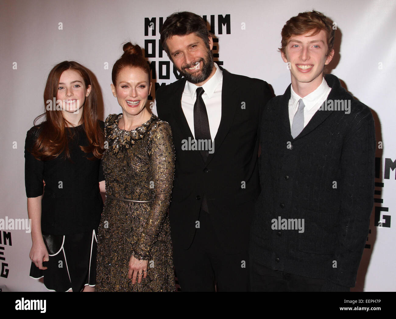 New York, New York, USA. 20th Jan, 2015. LIV FREUNDLICH, JULIANNE MOORE, CALEB FREUNDLICH and BART FREUNDLICH attend the Museum of Moving Images Salute to Julianne Moore held at 583 Park at 63rd Street. Credit:  Nancy Kaszerman/ZUMAPRESS.com/Alamy Live News Stock Photo