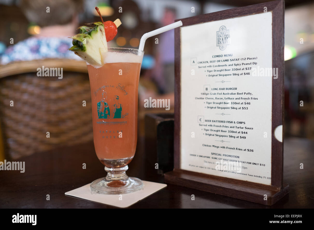 Inside the Long Bar of the Raffles Hotel in Singapore. Home of the Singapore Sling. Stock Photo