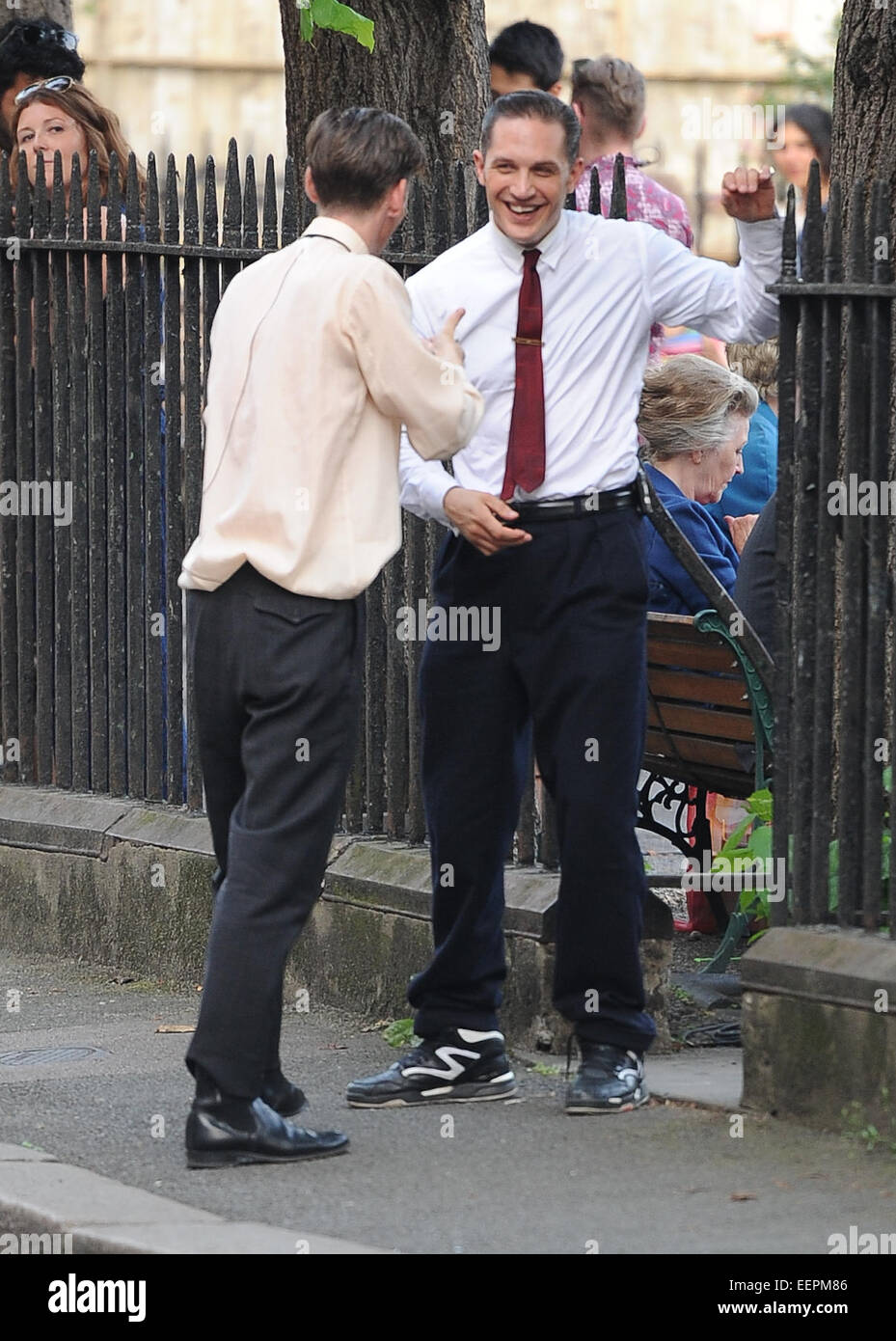 Tom Hardy on the set of 'Legend' in East London Featuring: Tom Hardy Where:  London, United Kingdom When: 18 Jul 2014 Stock Photo - Alamy