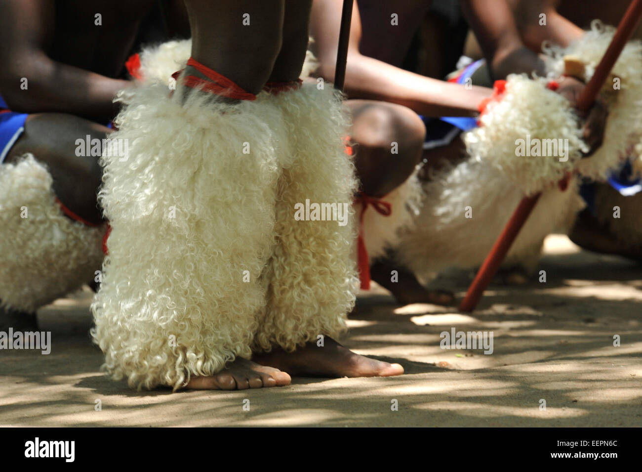Matsamo, Swaziland, white fluffy leggings on legs of male traditional dancer at culture theme village, people, dancing, dress Stock Photo