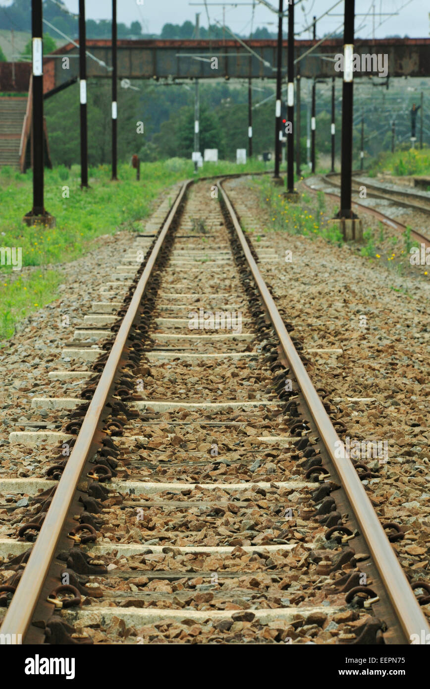 Two railway track disappearing in the distance Book covers Backgrounds Concepts infrastructure Transportation Stock Photo