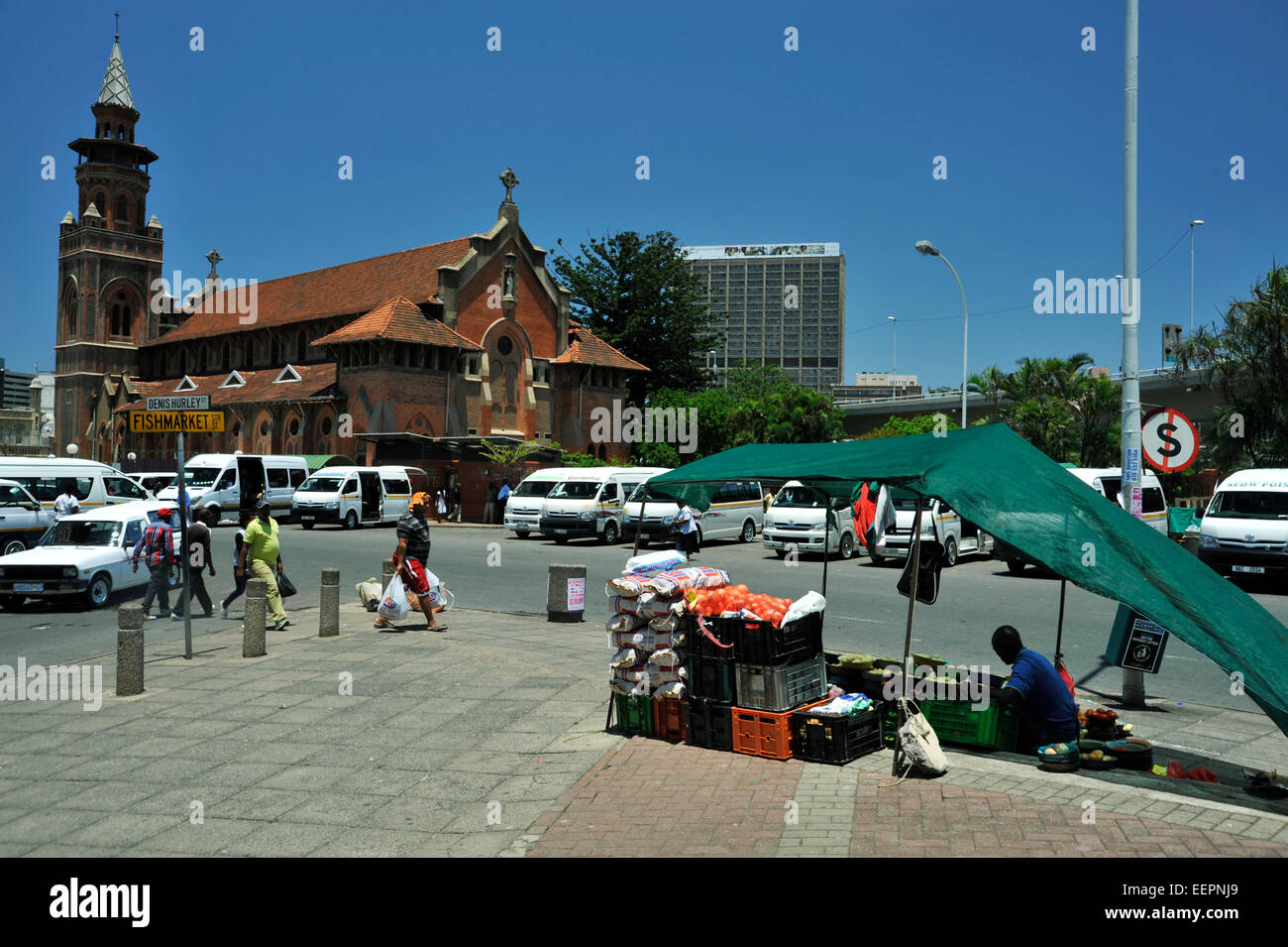 Everyday street scene of life at Dennis Hurley and Fish market streets downtown Durban, KwaZulu-Natal, South Africa Stock Photo