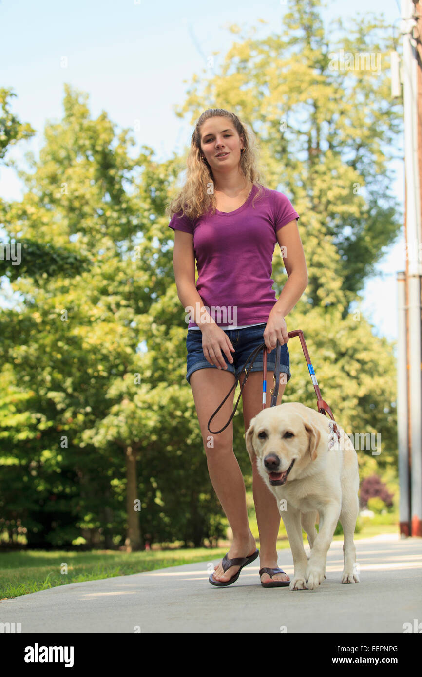 Woman with visual impairment walking with her service dog Stock Photo
