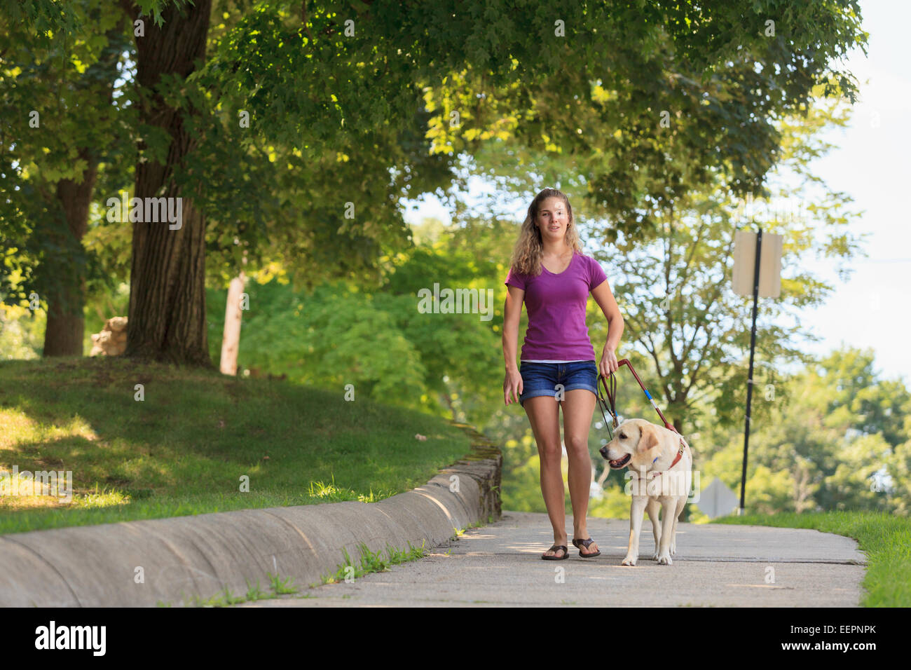 Woman with visual impairment walking with her service dog Stock Photo