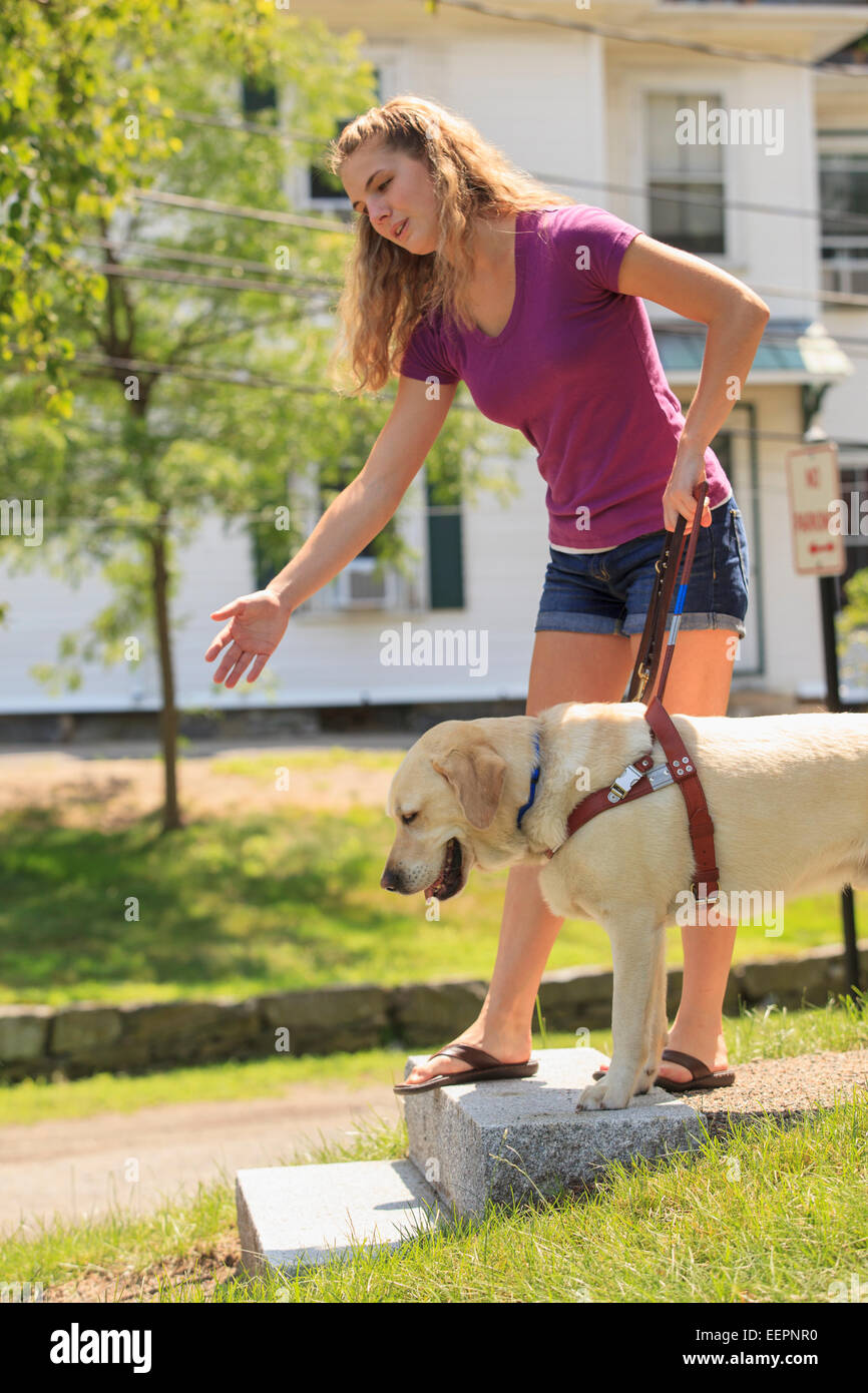 Student with visual impairment directing her service dog to help her