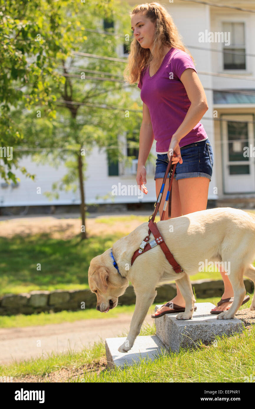 Service dog helping a woman with visual impairment down stairs Stock