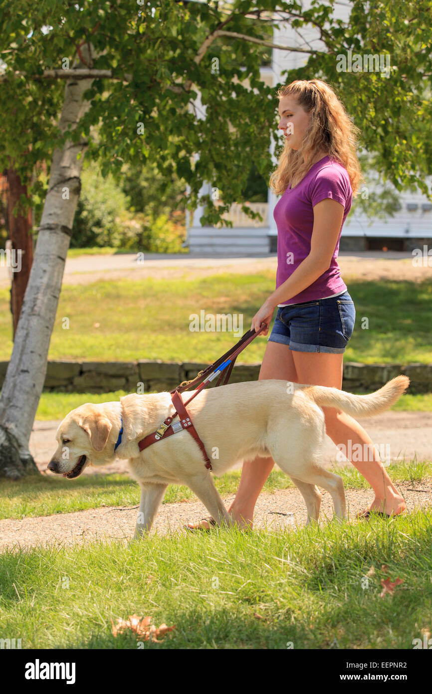Woman with visual impairment walking with her service dog Stock Photo