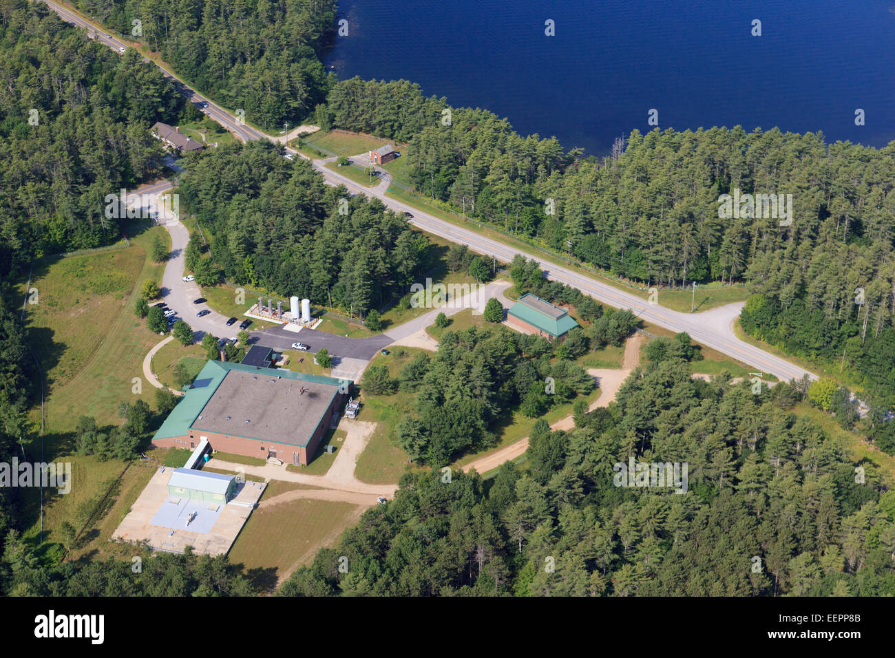 Water treatment facility near reservoir Stock Photo