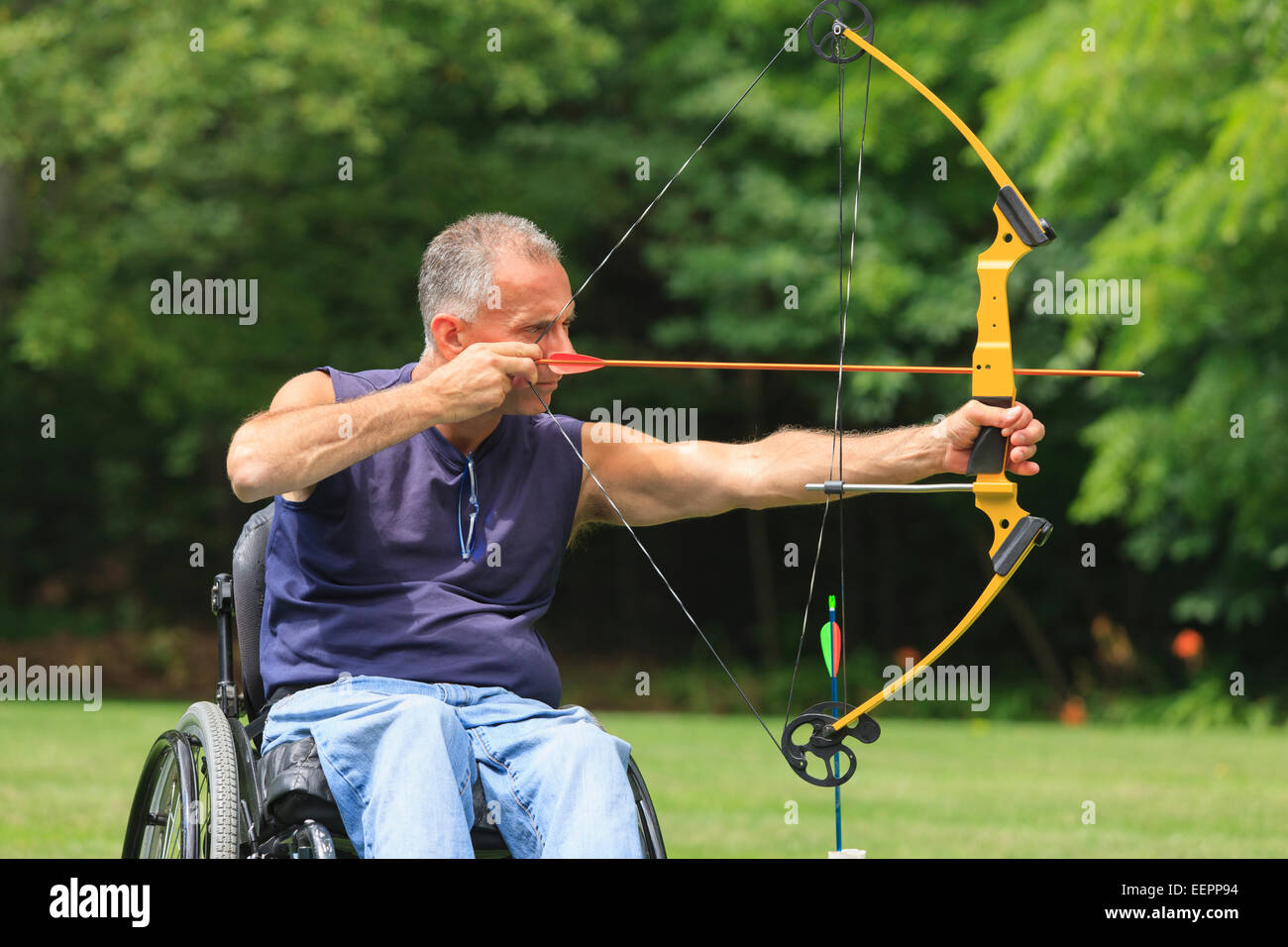 Man with spinal cord injury in wheelchair aiming his bow and arrow for archery practice Stock Photo