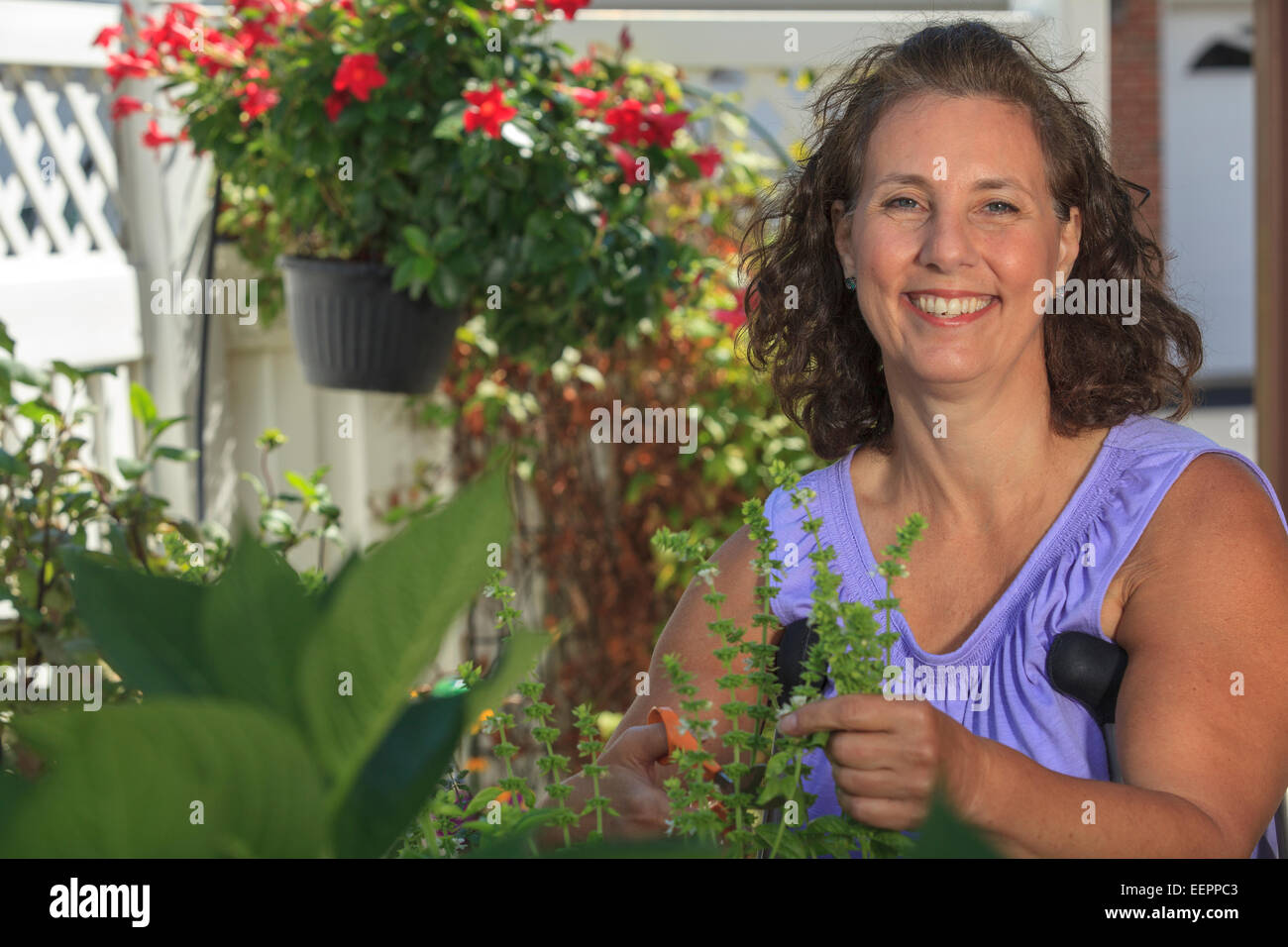 Woman with Spina Bifida using crutches and cutting garden flowers Stock Photo