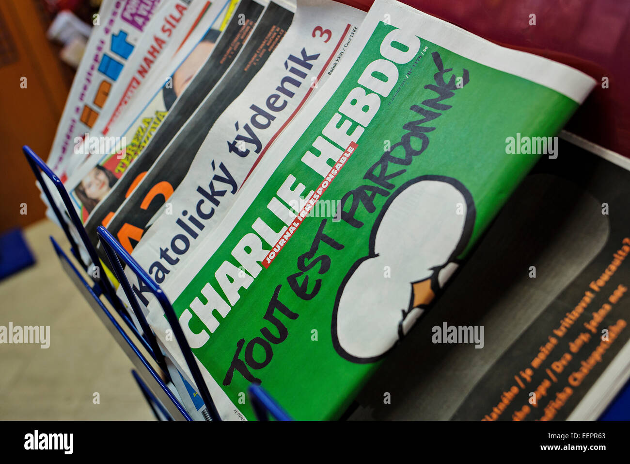 Newspaper stand, Charlie Hebdo, magazine Stock Photo