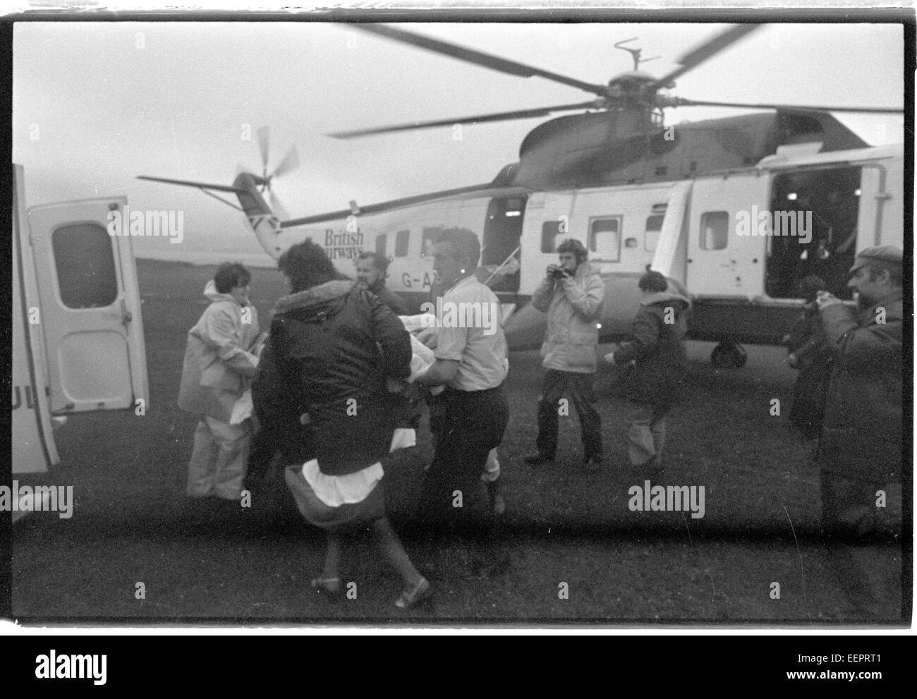 Plane crash survivors arrive at hospital in Lerwick, Shetland. Stock Photo