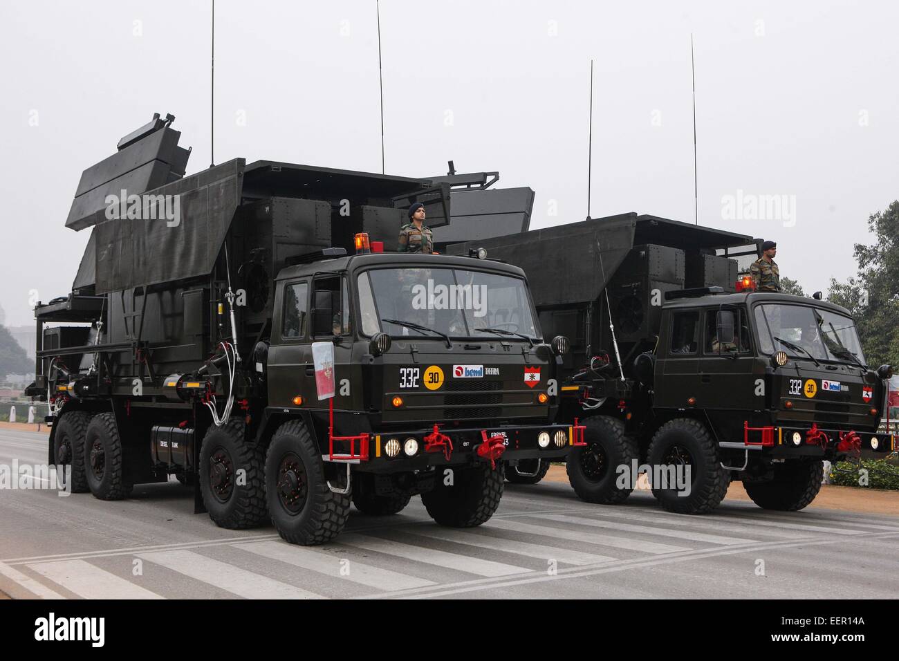 New Delhi, India. 21st Jan, 2015. India's 3-dimentional Tactical Control Radars move during the rehearsal for the Republic Day parade on the Raj Path in New Delhi, India, Jan. 21, 2015. India is to celebrate its 66th Republic Day on Jan. 26 with a large military parade. Credit:  Zheng Huansong/Xinhua/Alamy Live News Stock Photo