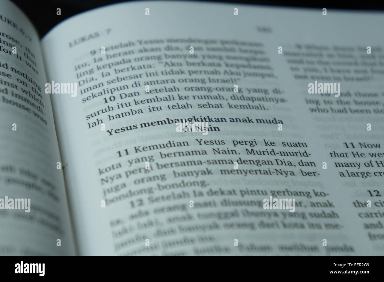 Malay language translated version of Holy Bible, showing passage containing the word Jesus Stock Photo
