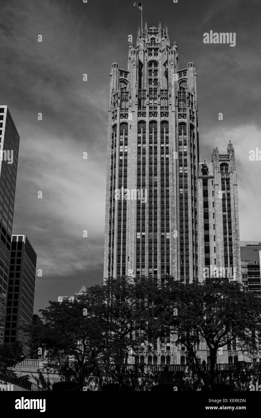 Chicago , classic and modern buildings, The Tribune building Stock Photo