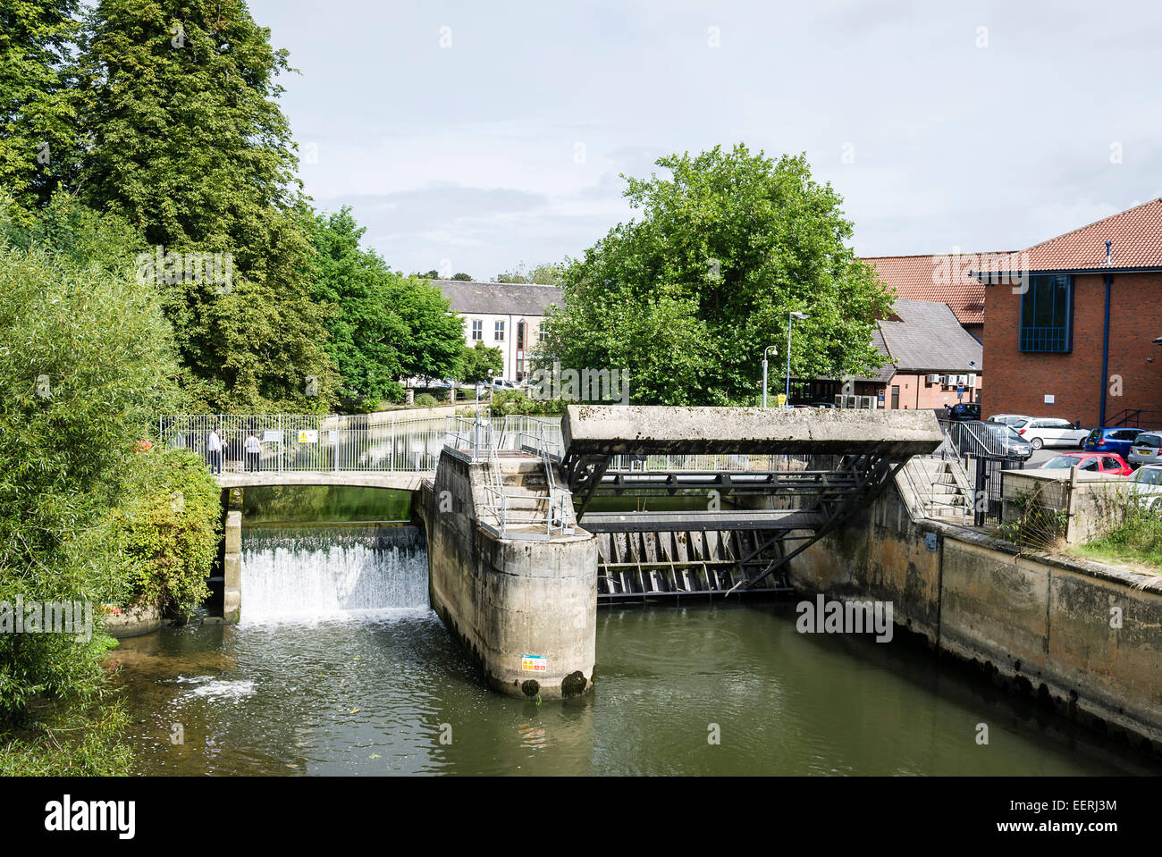 River water control gates on River Avon in Chippenham UK Stock Photo