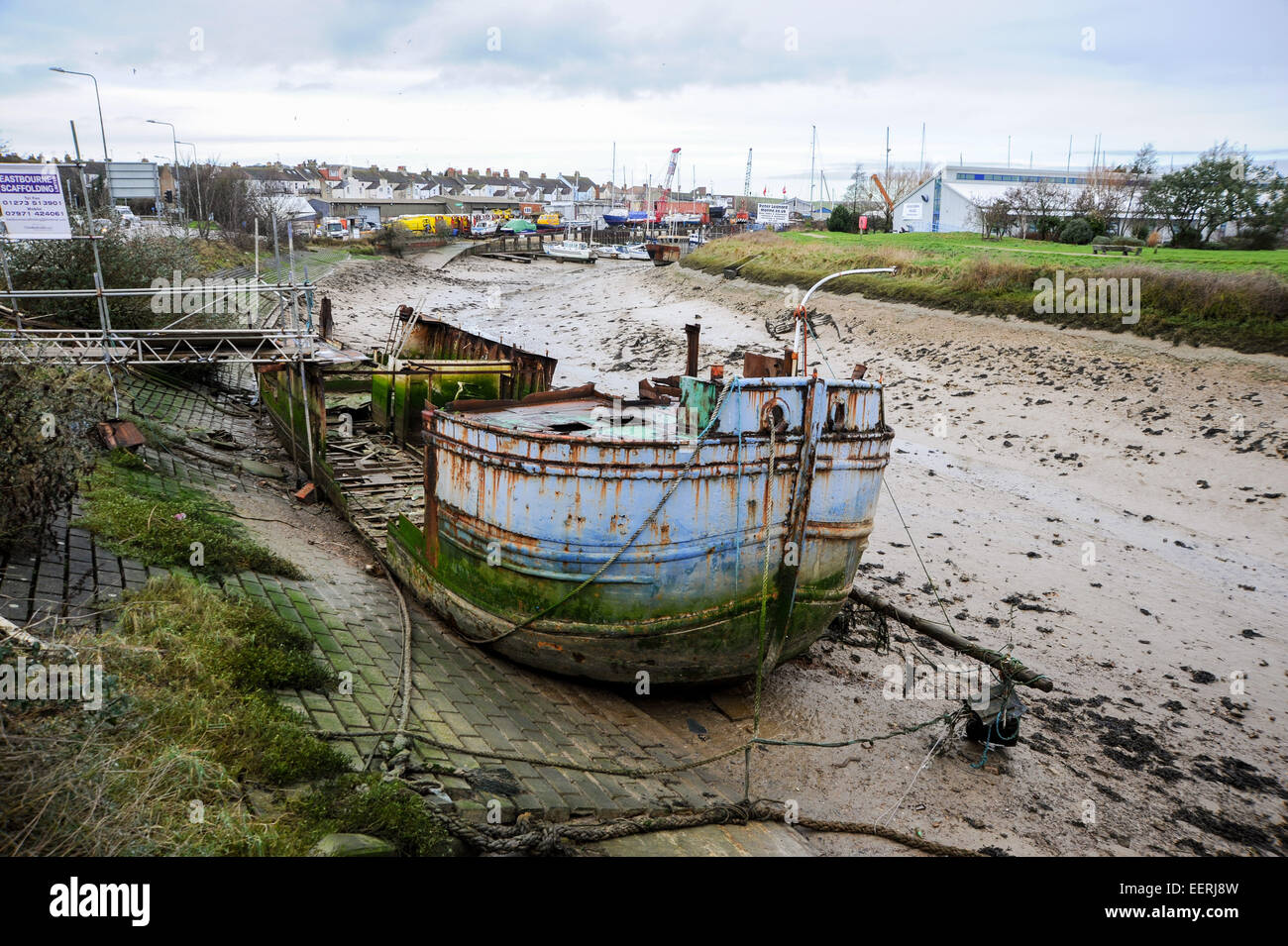 Newhaven East Sussex UK Rotting hull of an old coaster or tanker ship