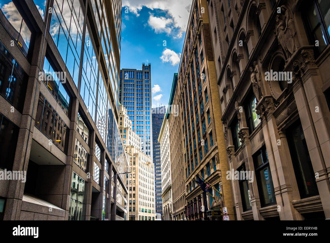 Buildings along Devonshire Street in Boston, Massachusetts. Stock Photo