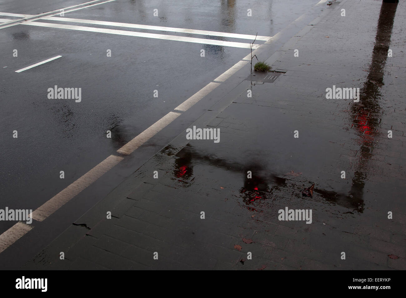 puddle on wet asphalt and reflection of red traffic lights Stock Photo ...