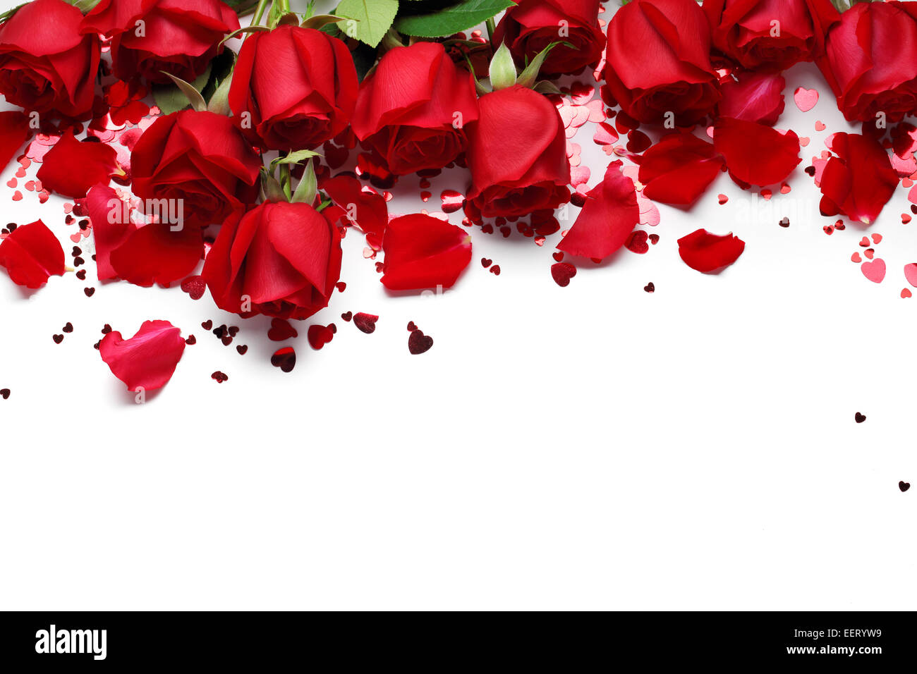 Red roses and heart shape ornaments on white background Stock Photo - Alamy