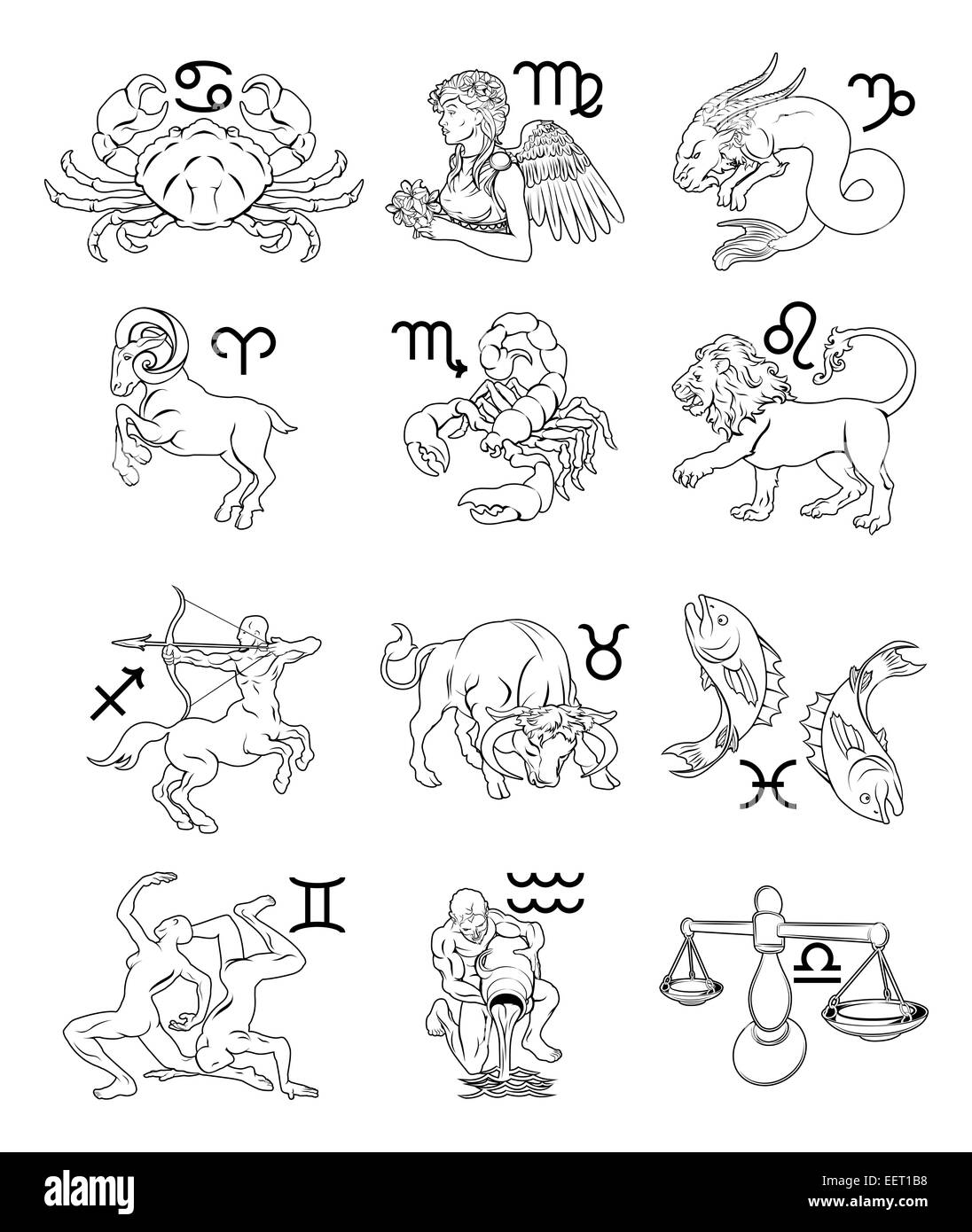 The twelve astrology horoscope signs of the zodiac. Aquarius Gemini Taurus Aries Scorpio Sagittarius Capricorn Pisces Cancer Leo Stock Photo
