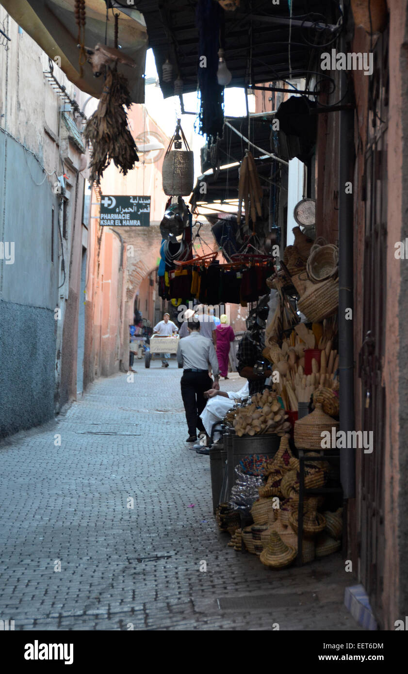 Early morning in the Marrakesh souk, narrow alley, shop Stock Photo