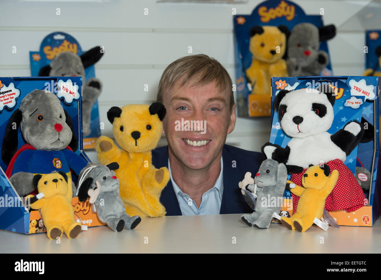 Richard Cadell, the owner and presenter of the Sooty Show poses up at the Toy Fair 2015 at Olympia London. Stock Photo