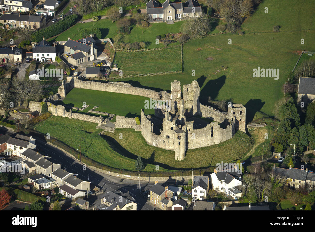 An aerial view of the ruins of Coity Castle, near the Glamorgan Town of Bridgend Stock Photo
