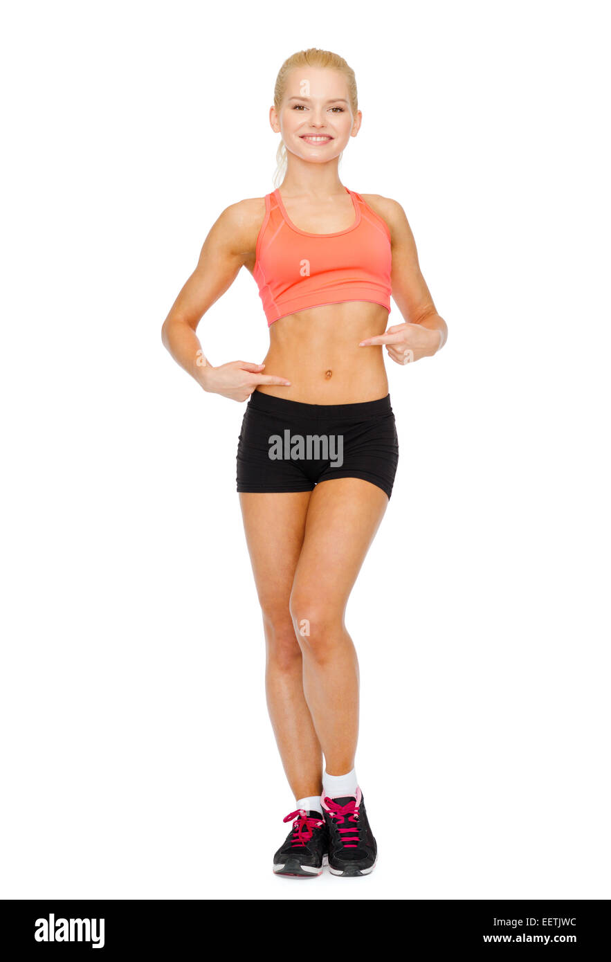 https://c8.alamy.com/comp/EETJWC/smiling-sporty-woman-pointing-at-her-six-pack-EETJWC.jpg