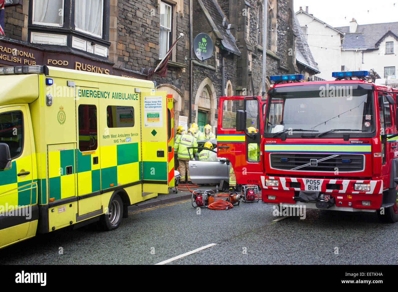 Bowness on Windermere Cumbria UK 21st January 2015. Car crashed into shop .Elderly woman has to