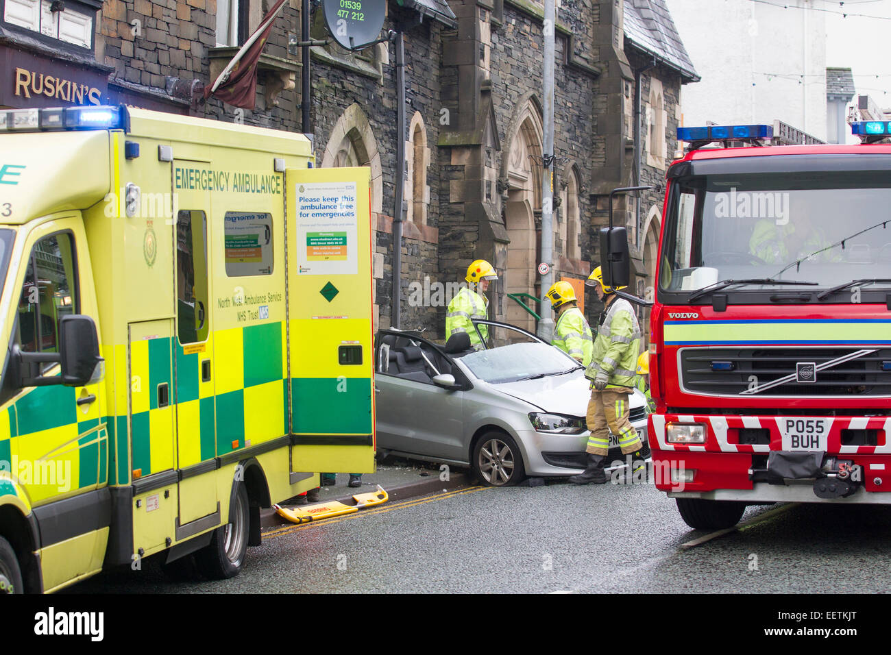Bowness on Windermere Cumbria UK 21st January 2015. Car crashed into shop .Elderly woman has to