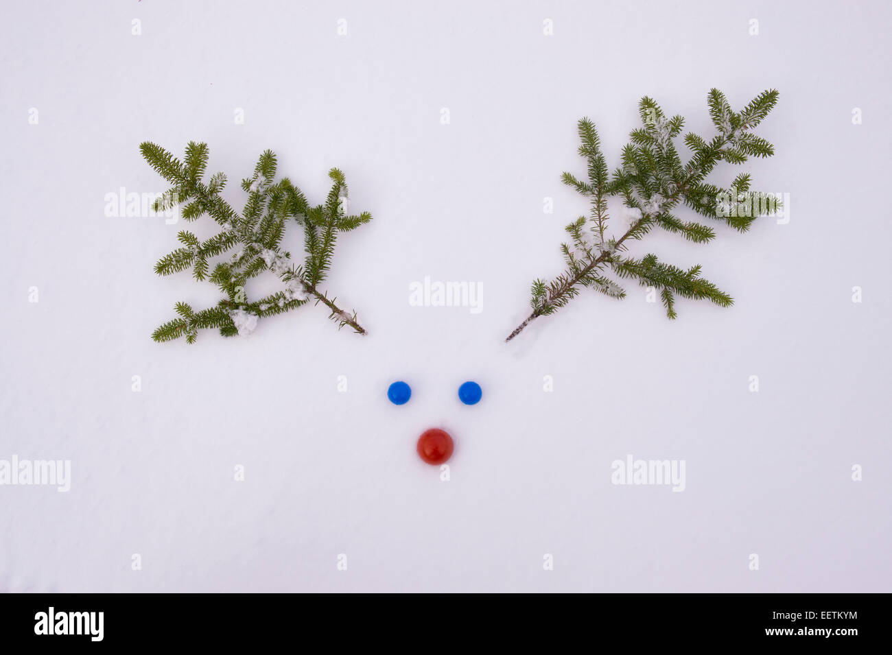 Rudolf the red nose reindeer face in the snow Stock Photo