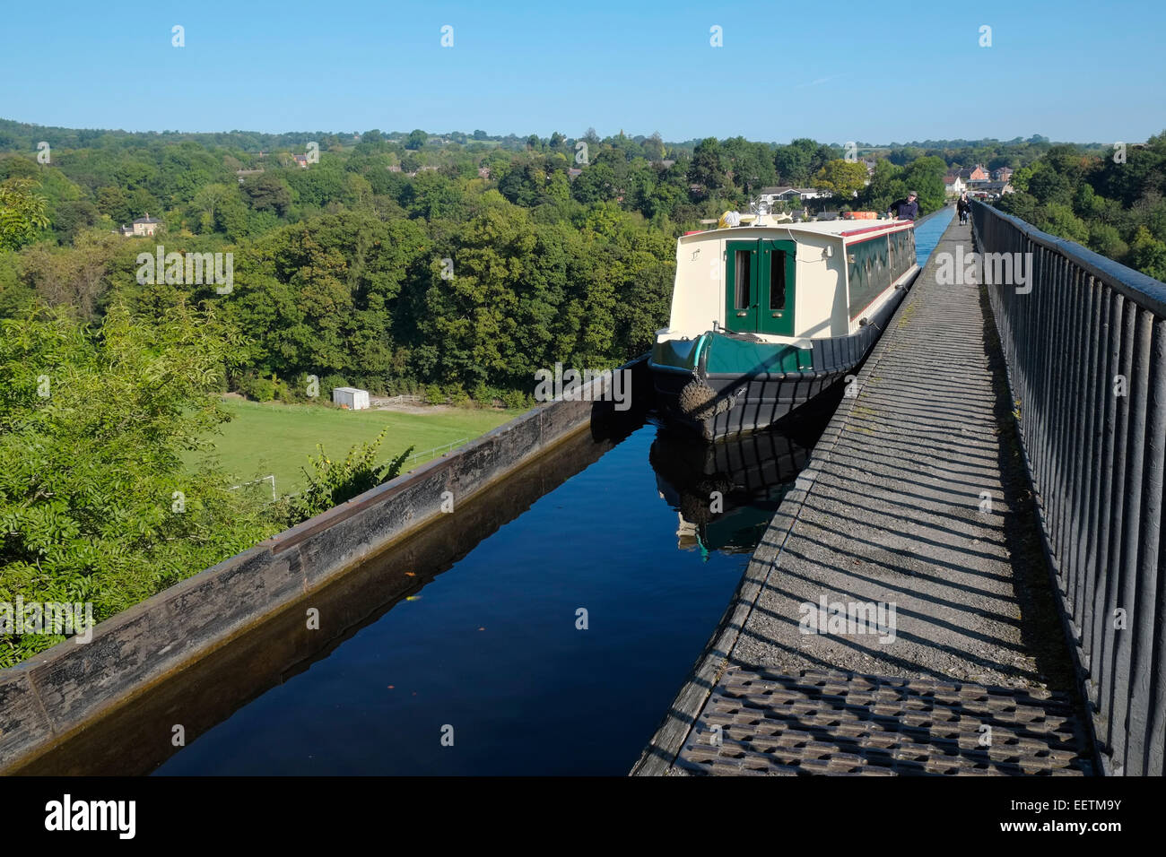 A narrowboat traversing the Pontcysyllte Aqueduct, Wrexham County Borough, North Wales. Stock Photo