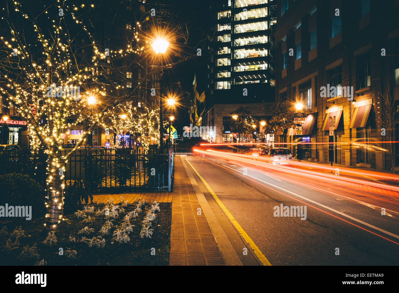 Christmas lights on trees and traffic along a street in Harbor East, Baltimore, Maryland Stock