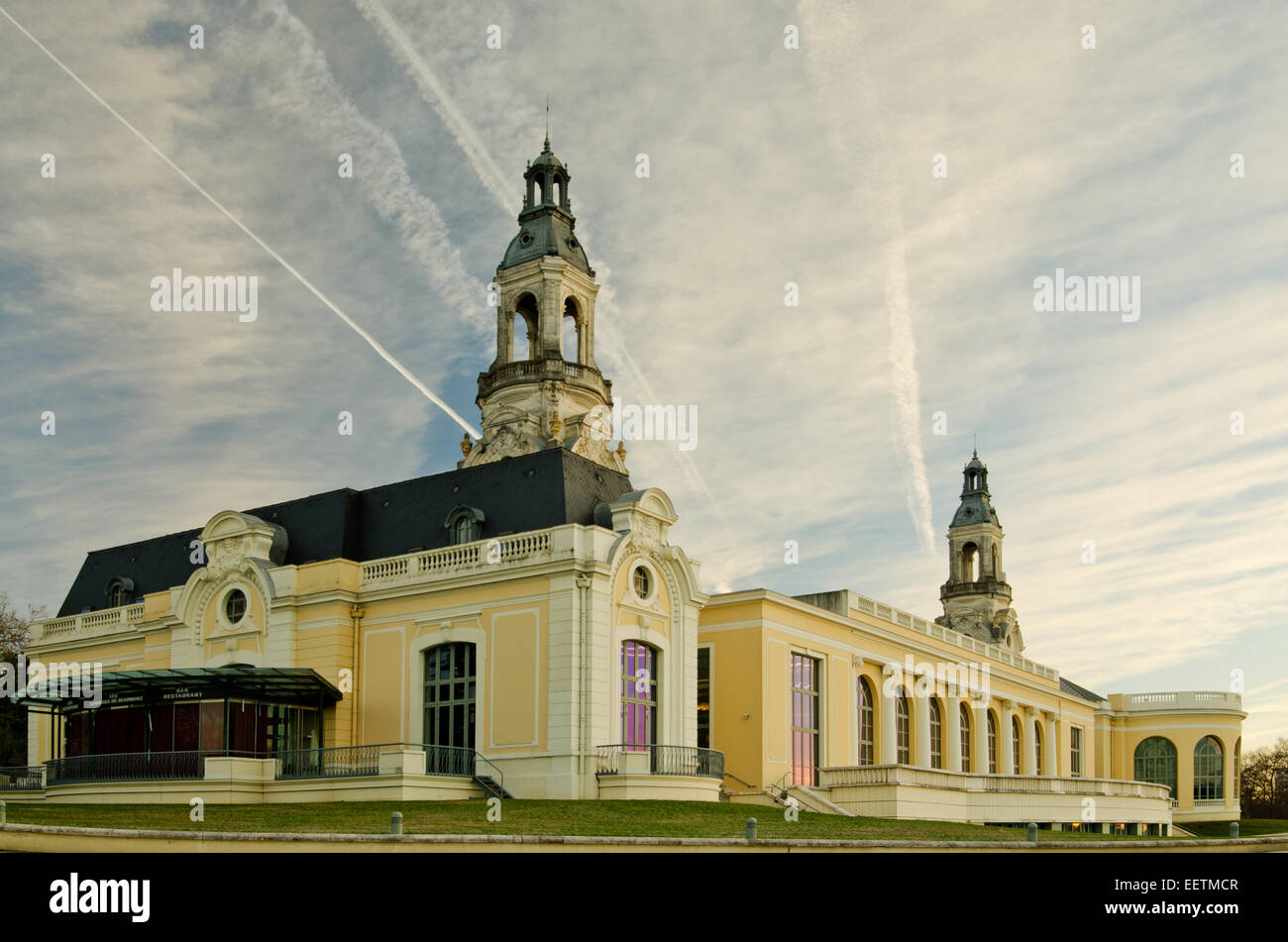 The Beaumont Palace in Pau city at sunrise  with textured sky at background, its a Casino and  Congress center in the capital of Stock Photo