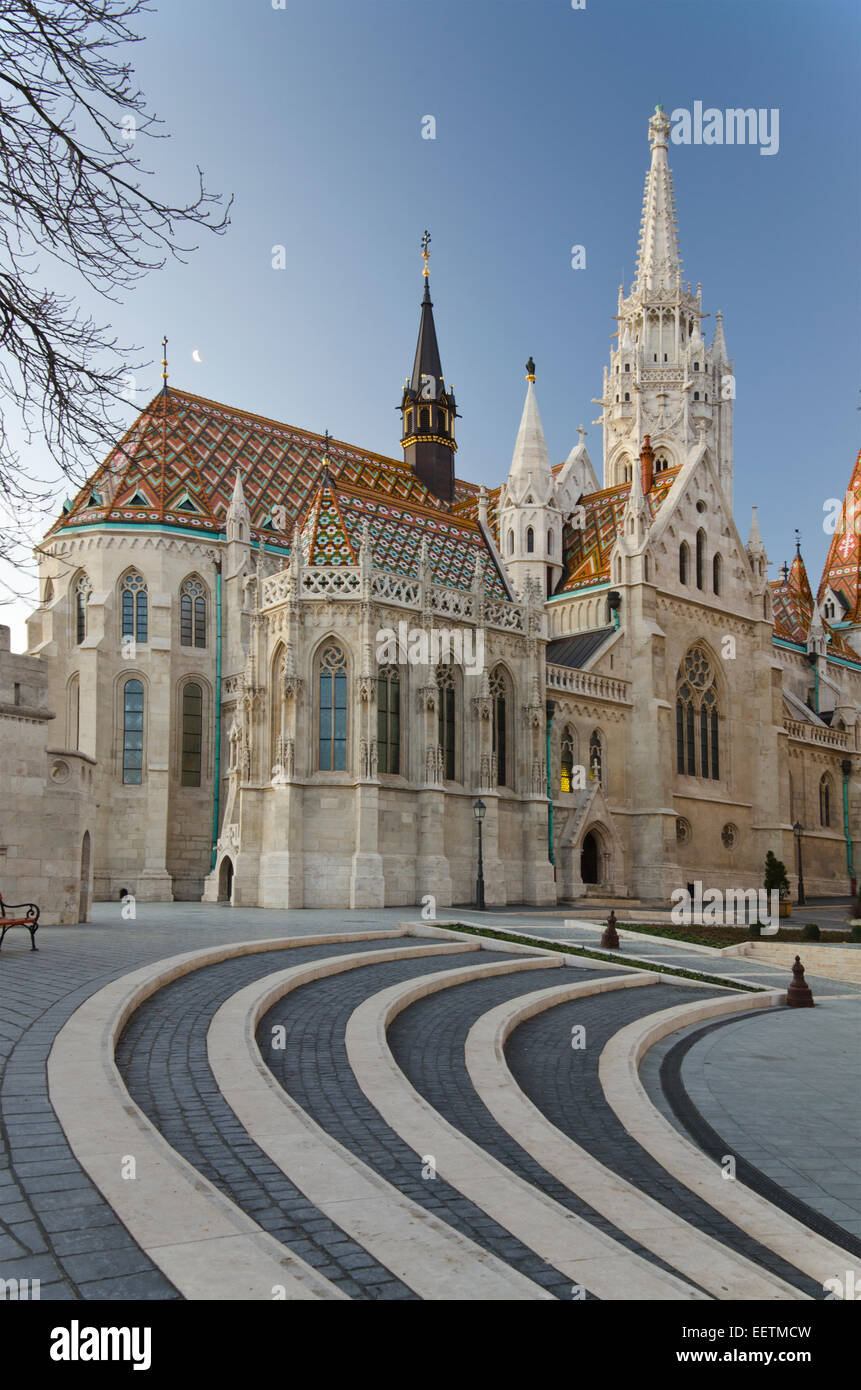 Matthias Church, a Roman Catholic church, Matthias Church with walk cobblestone steps at foreground  walk steps at foreground s Stock Photo