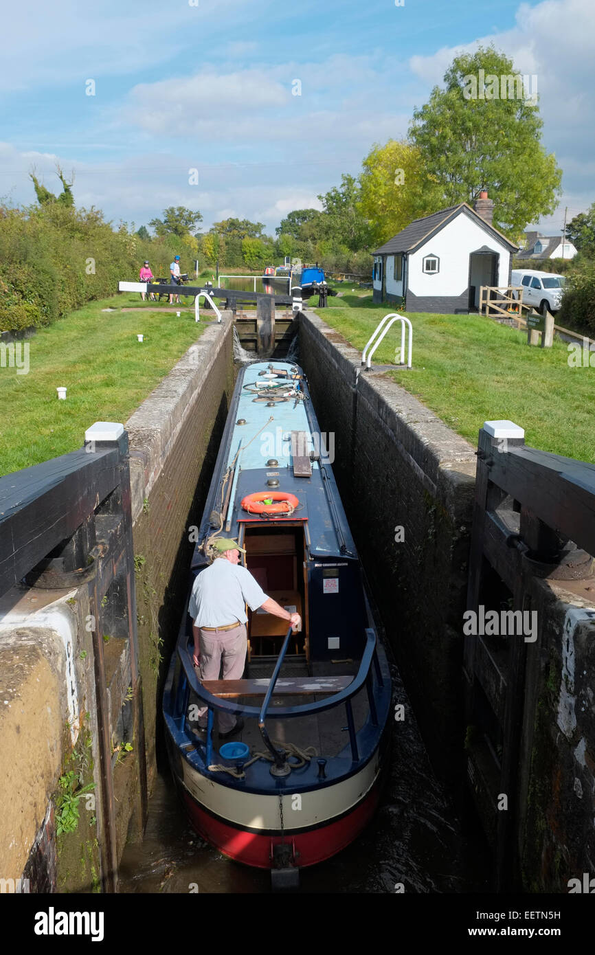 A narrowboat entering Frankton Top Lock, Montgomery Canal, Lower Frankton, Shropshire, England. Stock Photo