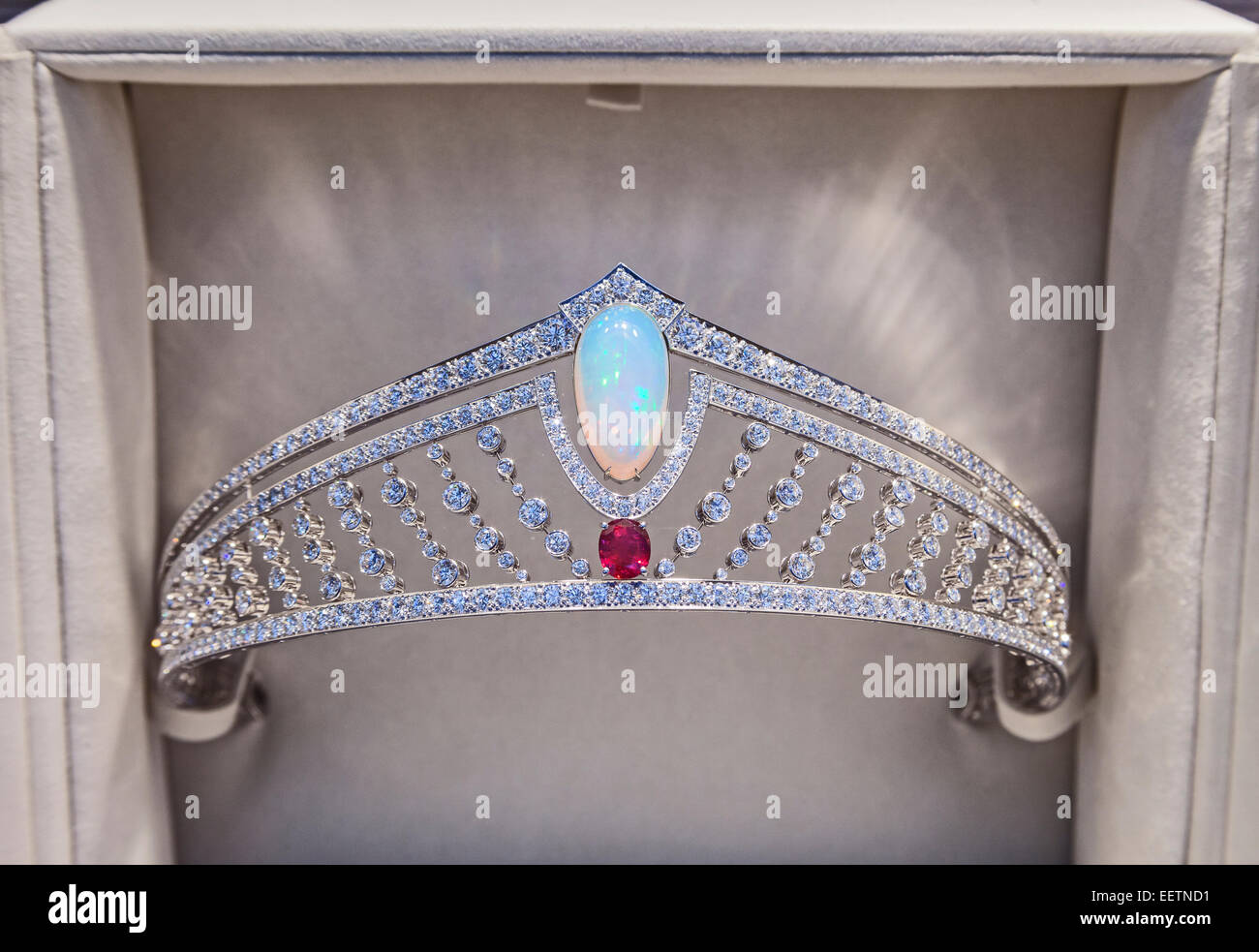 London, Old Bond Street A tiara containing a large opal on display in