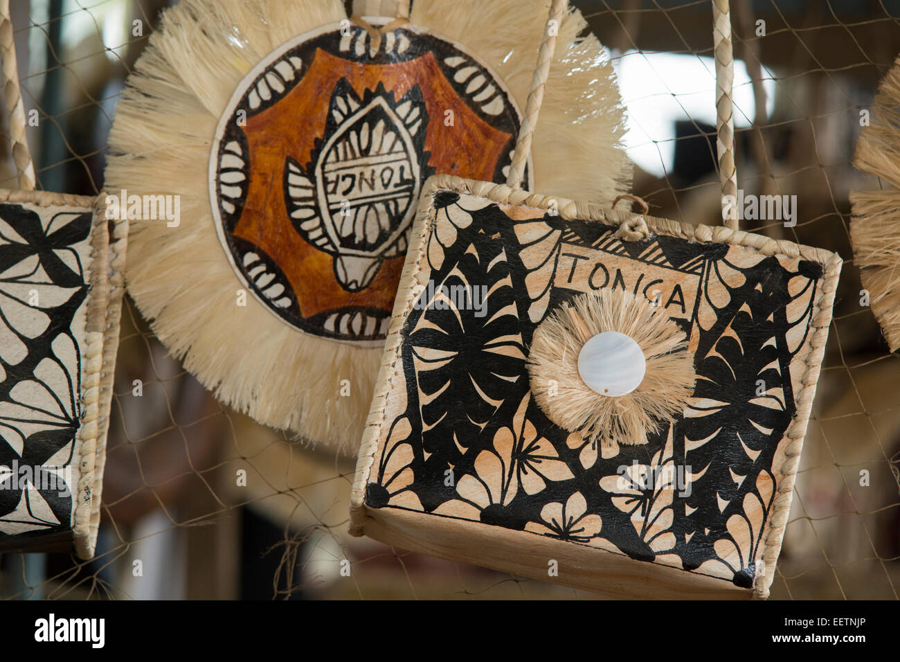 Kingdom of Tonga, Vava'u Islands, Neiafu. Hand painted tapa cloth souvenir handicrafts. Stock Photo