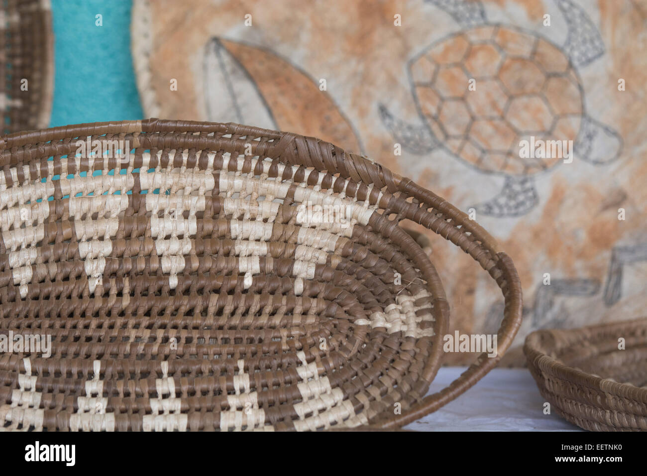 Kingdom of Tonga, Vava'u Islands, Neiafu. Hand woven souvenir baskets. Stock Photo